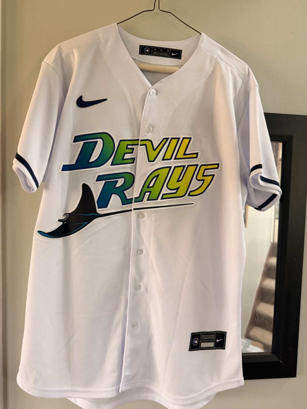 Nike Tampa White Devil Rays Baseball Jersey with Blue, Green and Yellow Logo, M